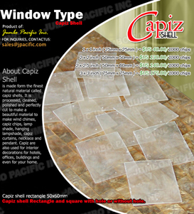 type rectangle de fenêtre de 50x60mm ou morceaux de capiz de place avec le trou ou en dehors. Disponible dans toutes couleurs et formes.